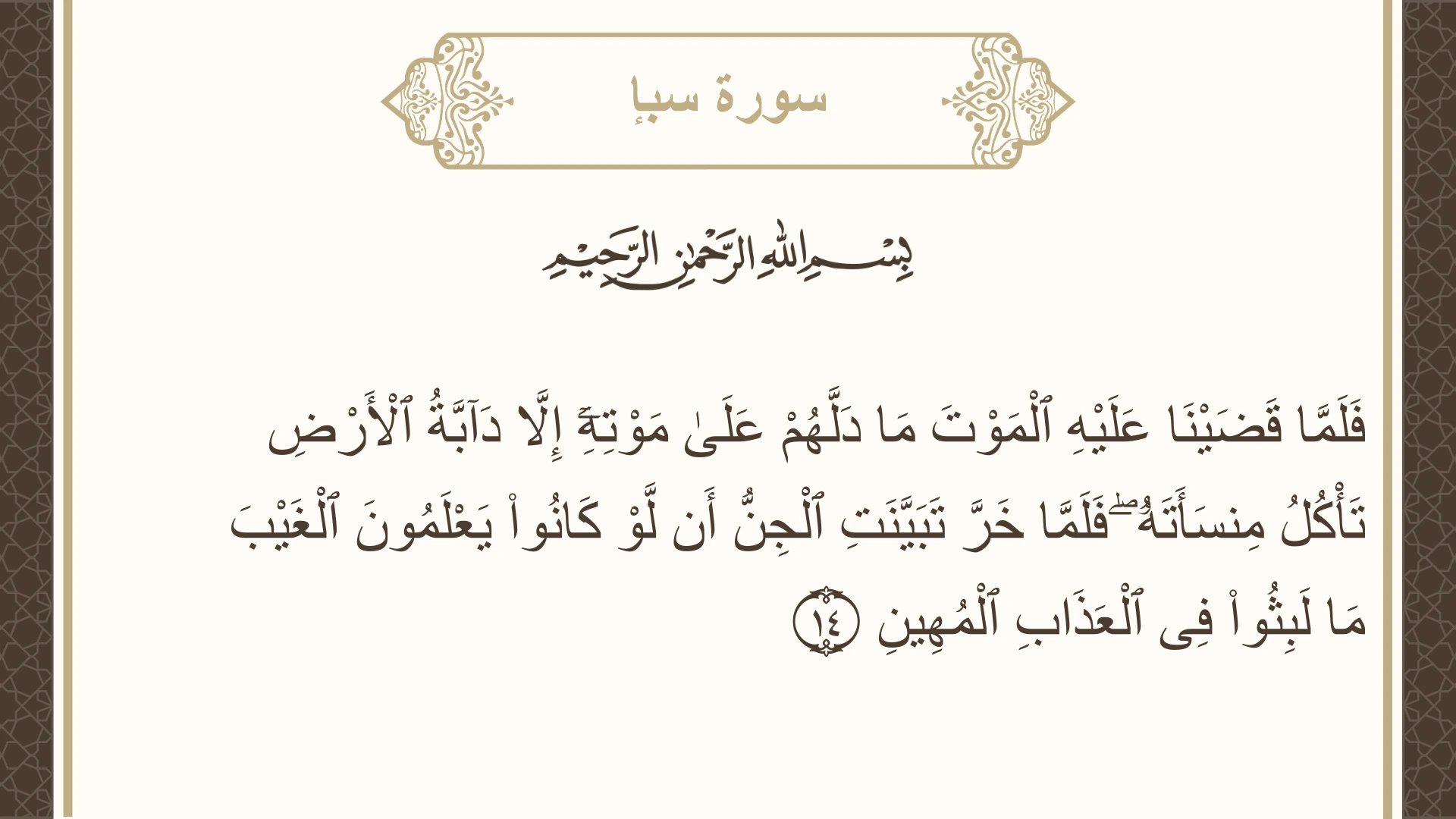 صورة سورة سبإ الآية 14 مكتوبة بالتشكيل، صفحة 429، الجزء 22
